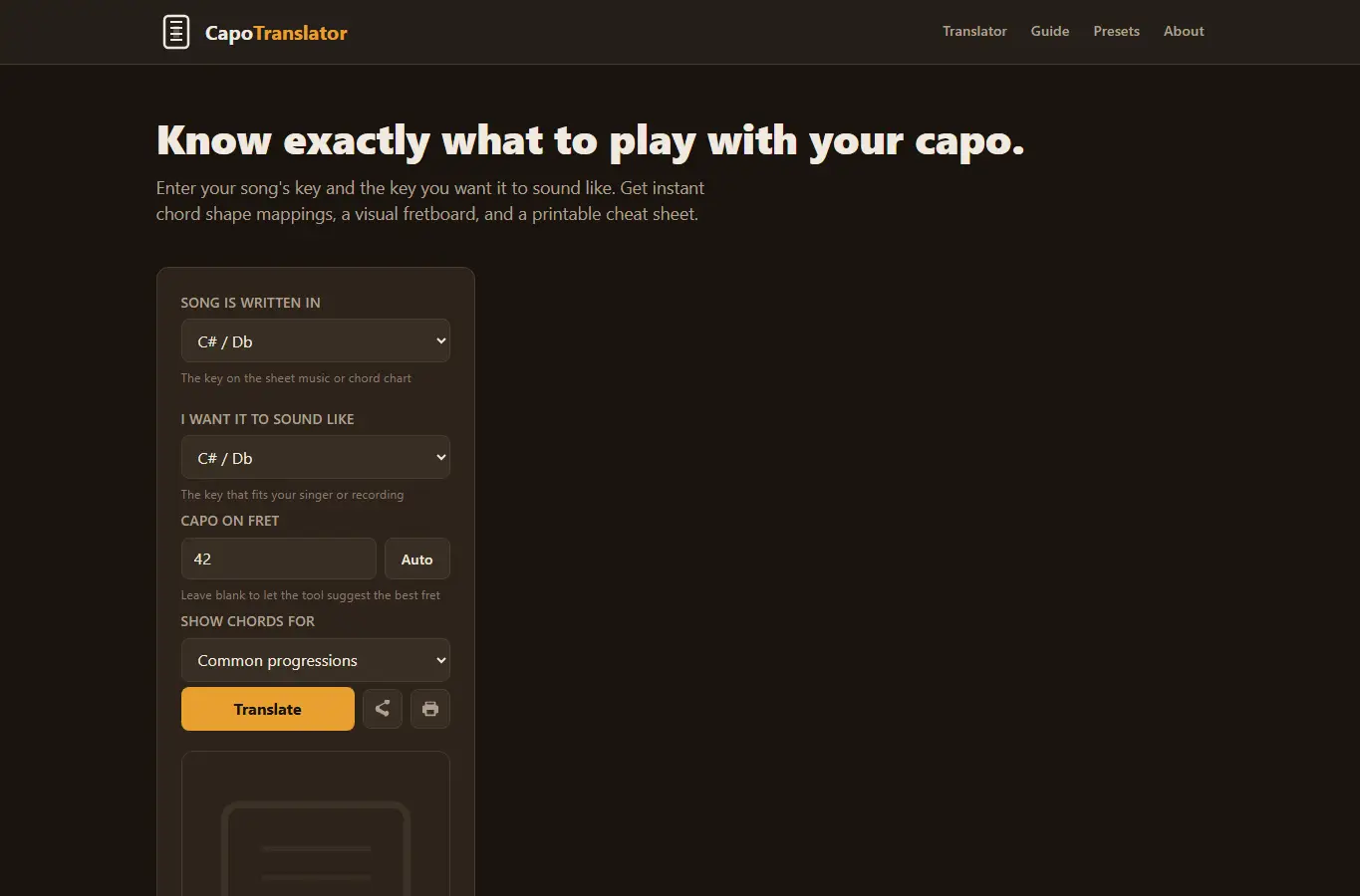 Screenshot of Capo Key Translator interface showing the project page in use
